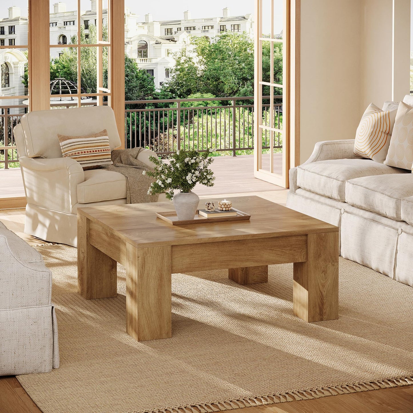 Tribesigns Square Coffee Table, 39-Inch Farmhouse Wooden Coffee Table with Sturdy Legs, Rustic Accent Center Table for Living Room, Easy Assembly, Light Brown