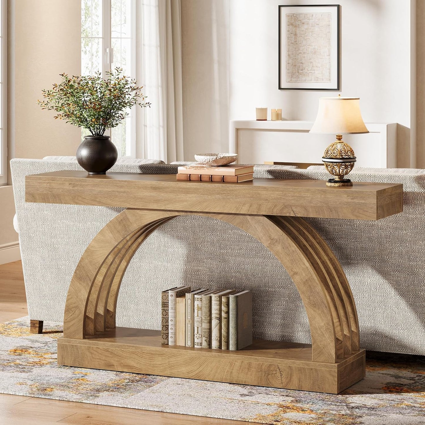 Tribesigns 63-Inch Entryway Table, 2-Tier Sofa Table Behind the Couch, Farmhouse Narrow Unique Arched Console for Hallway, Living Room, Foyer