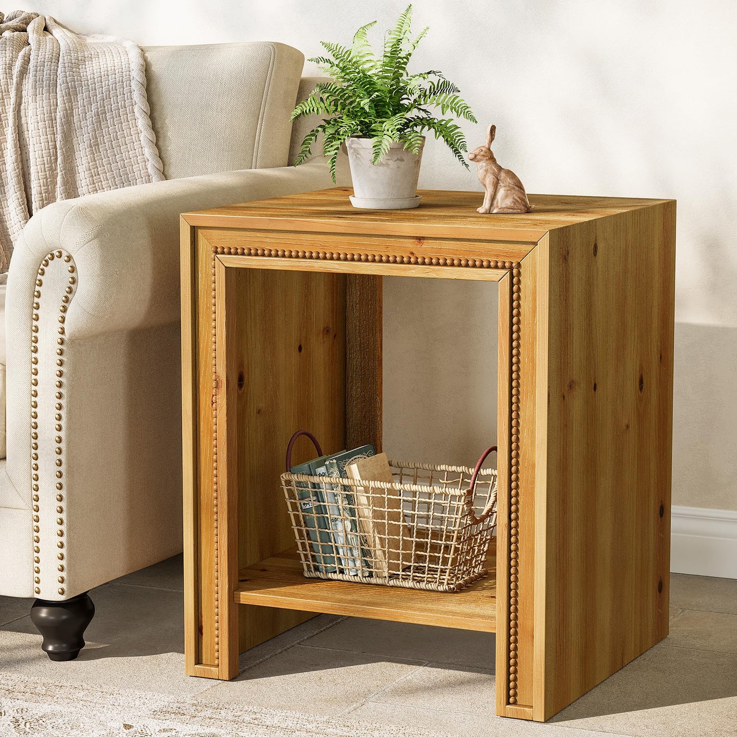 Solid Wood End Table, 2-Tier Farmhouse Side Table with Storage Shelves, Rustic Narrow Nightstand for Small Spaces, Living Room, Bedroom, Warm Brown (2)
