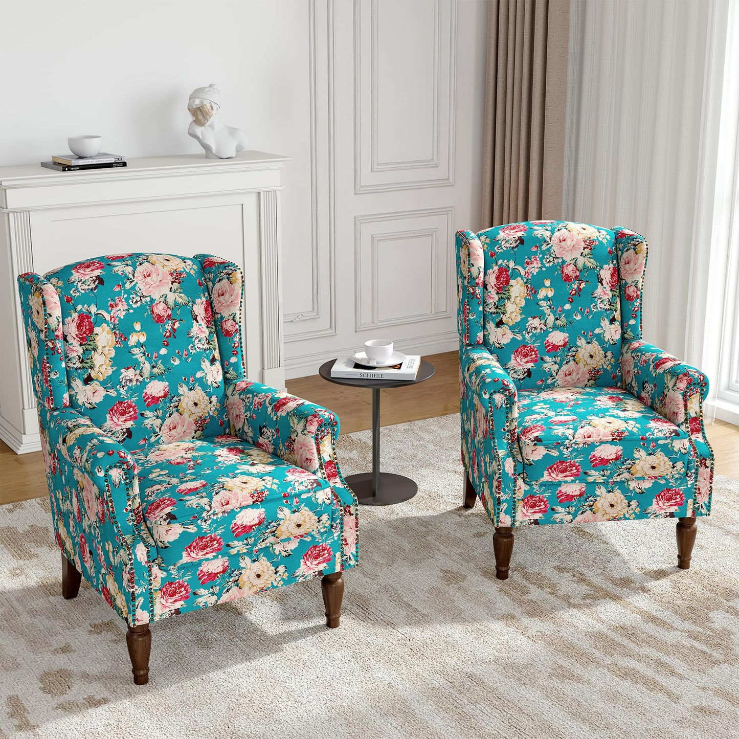 Floral Wingback Accent Chair, High Back Upholstered Armchair, Comfy Fabric Wingback Arms Chairs with Solid Wood Legs, Single Sofa Reading Chair for Bedroom Living Room, Beige