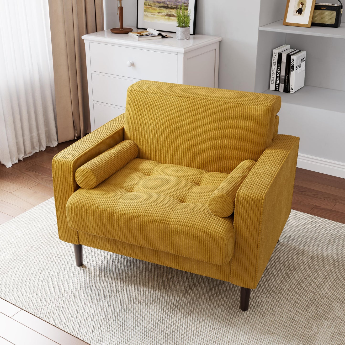 34.5" Arm Chair, Corduroy Fabric Modern Accent Chair, Comfy Upholstered Armchair Reading Chair with Solid Wood Legs for Living Room Bedroom Office, Yellow