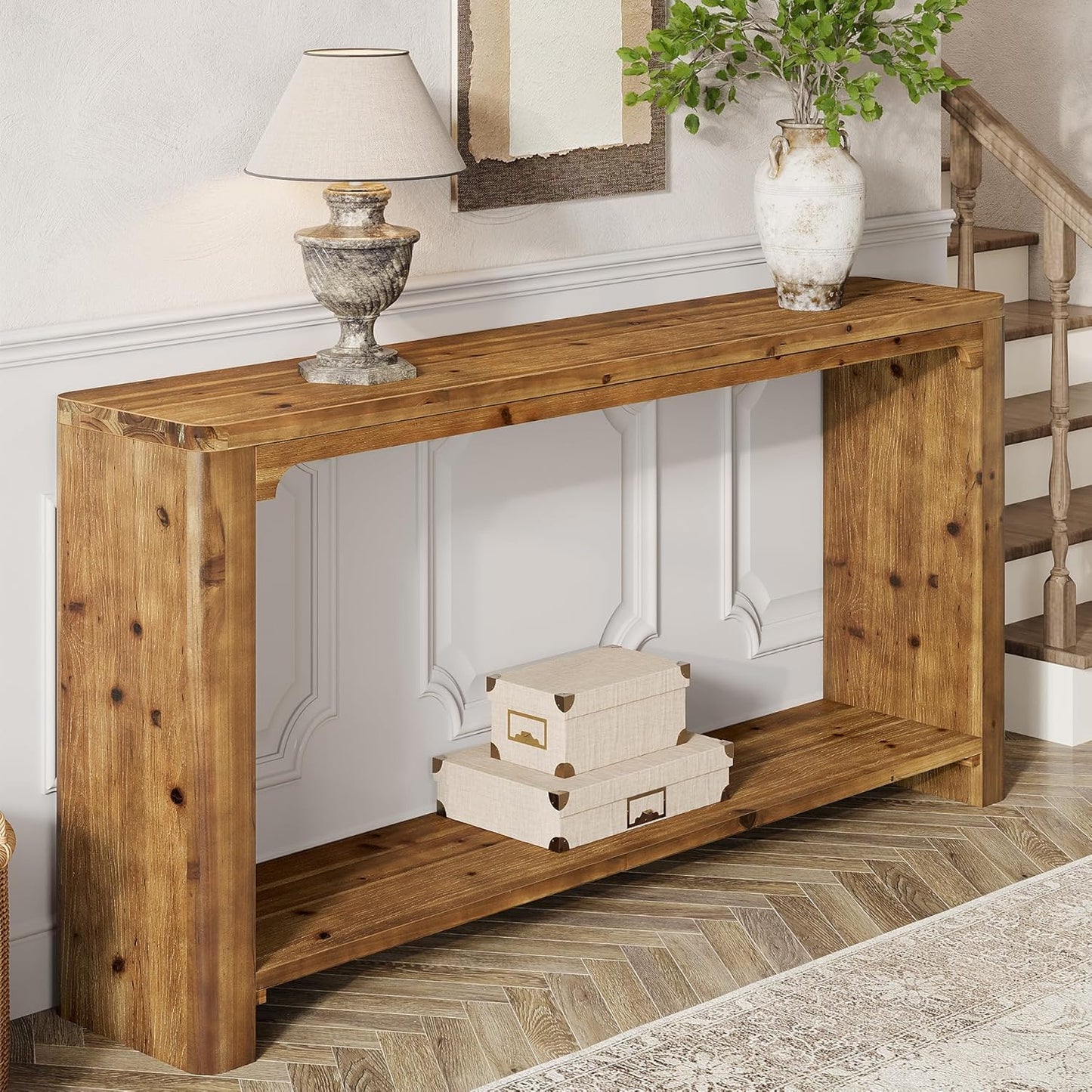 2-Tier Wooden Sofa Table, 63" Behind the Couch Table, Farmhouse Console Table, Solid Wood Entryway Table with Storage for Living Room, Entrance, Foyer, Hallway (Rustic Brown)