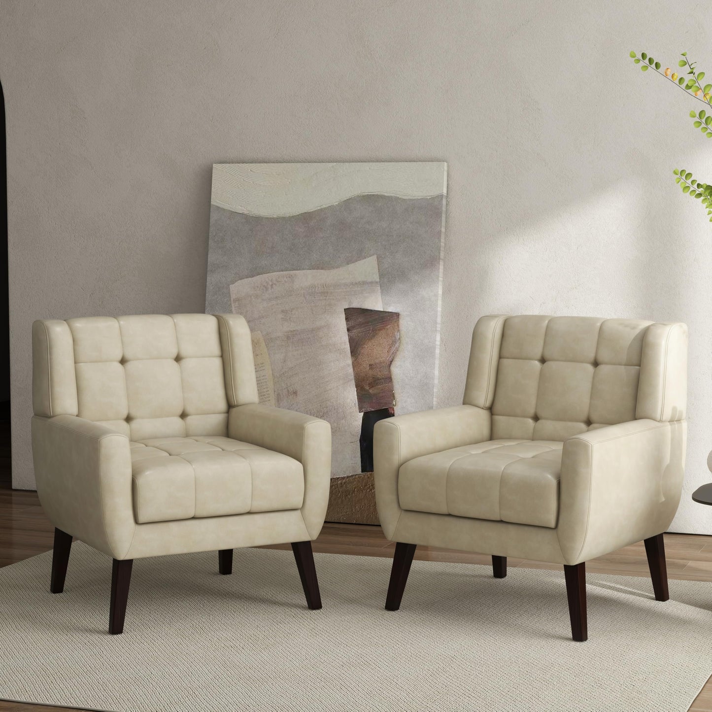Faux Leather Accent Chairs Set of 2, Mid-Century Modern Upholstered Armchair, Comfy Living Room Chairs Reading Chairs with Button Tufted Back & Solid Wood Legs for Bedroom, Office, Black
