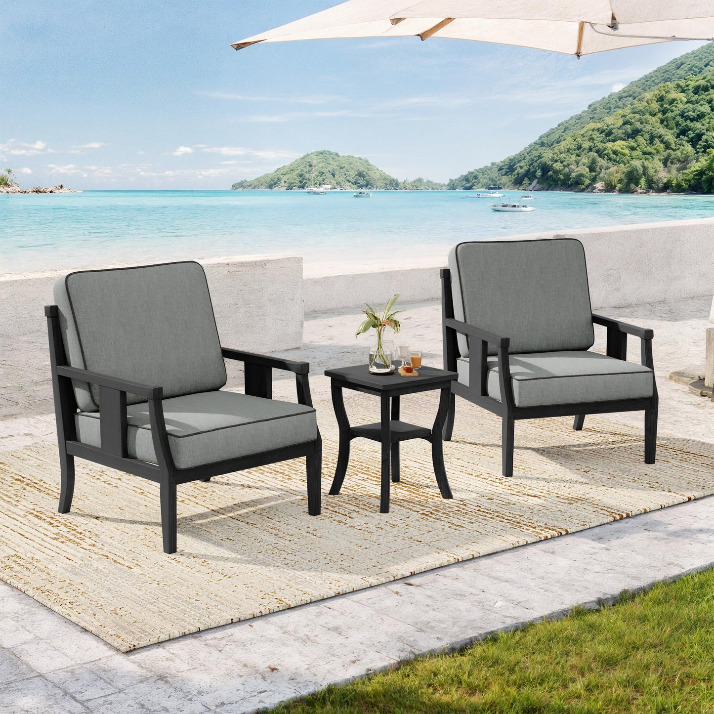 Outdoor Patio Armchairs Set of 2, All-Weather Solid Wood Patio Furniture Sets, Outdoor Sofa Chairs with Washable Thick Cushions for Porch, Balcony, Deck, Black Frame & Gray Cushion