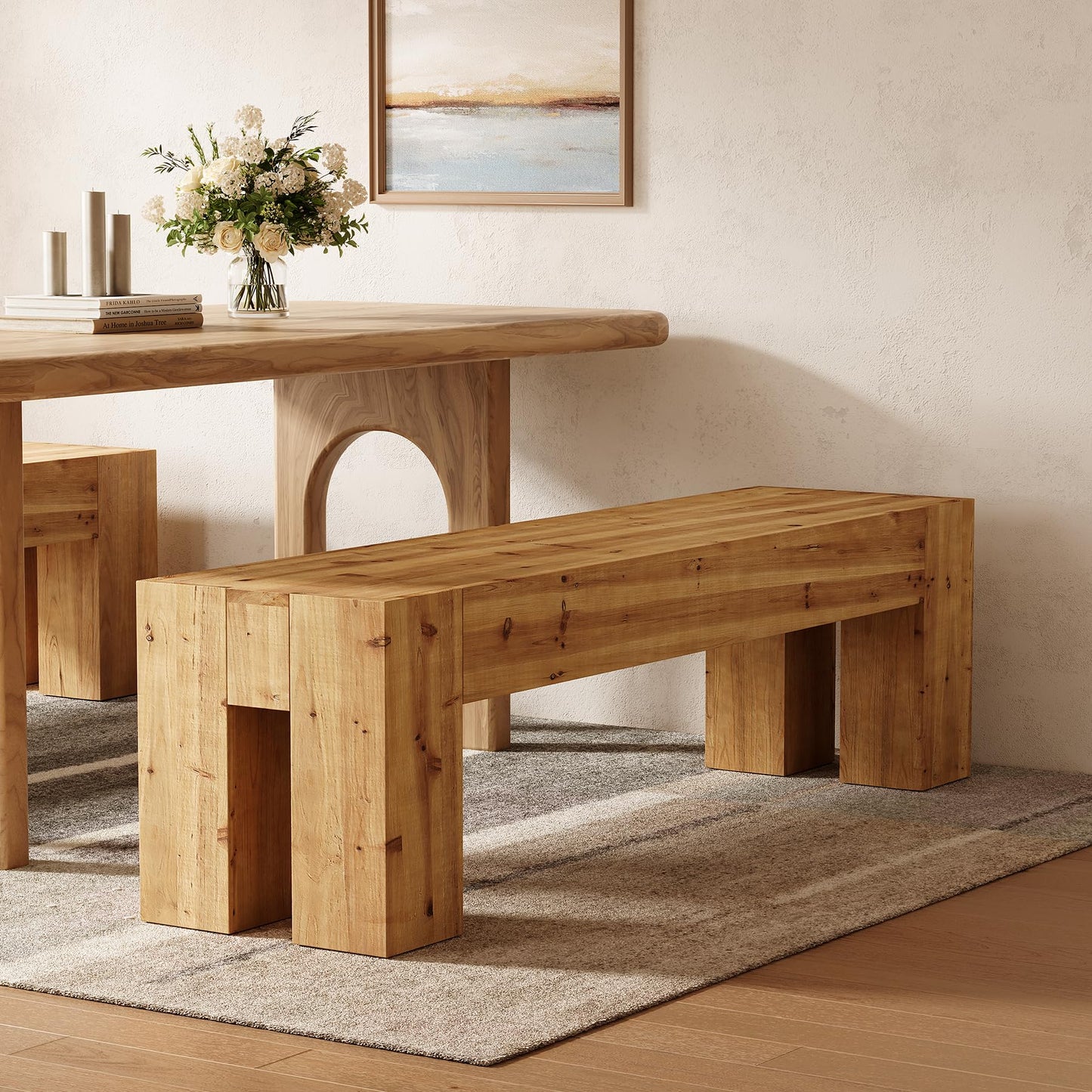 Solid Wood Dining Bench, Farmhouse Heavy Duty Kitchen Table Bench Seat with Sturdy Frame for Dining Room, Kitchen, Entryway (Rustic Brown)