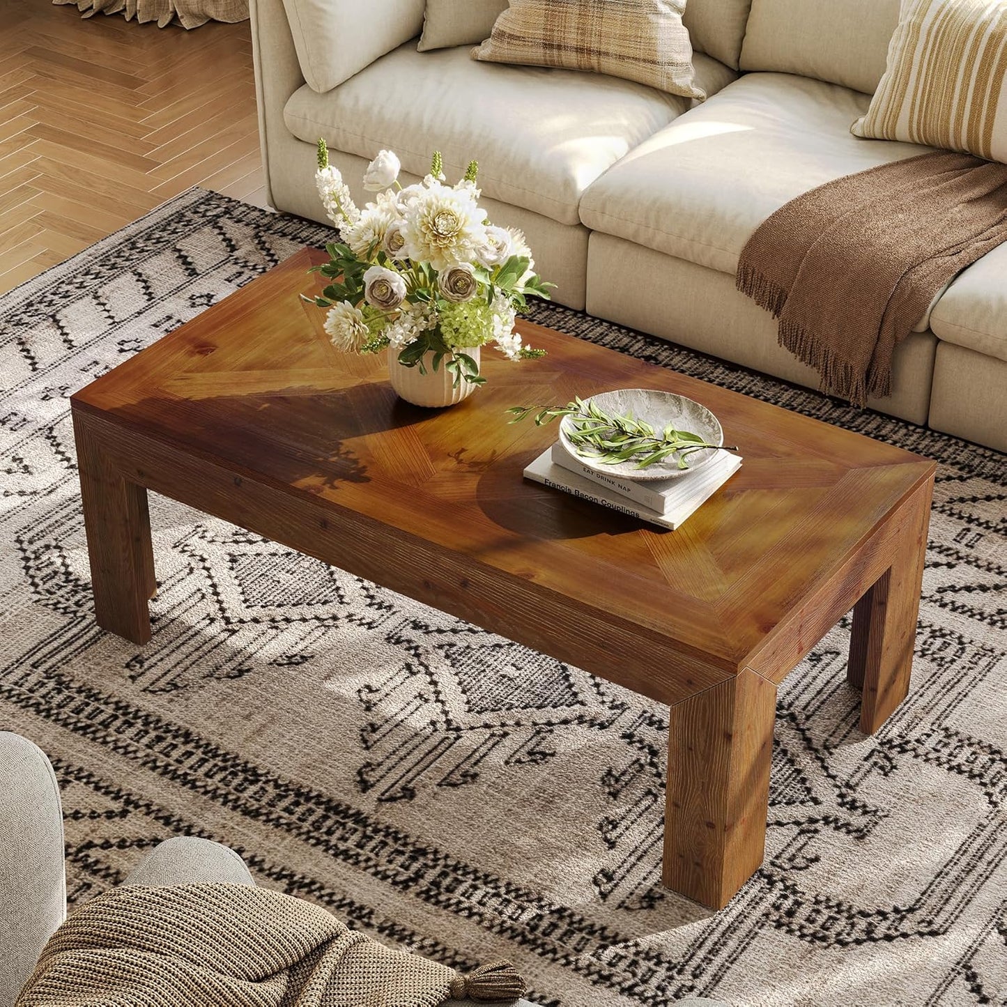 Rectangular Coffee Table, 47-Inch Solid Wood Living Room Coffee Table, Mid Century Modern Center Cocktail Table for Living Room, Apartment, Office, Antique Brown