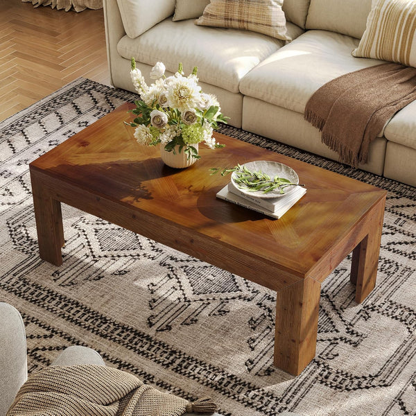 Rectangular Coffee Table, 47-Inch Solid Wood Living Room Coffee Table, Mid Century Modern Center Cocktail Table for Living Room, Apartment, Office, Antique Brown