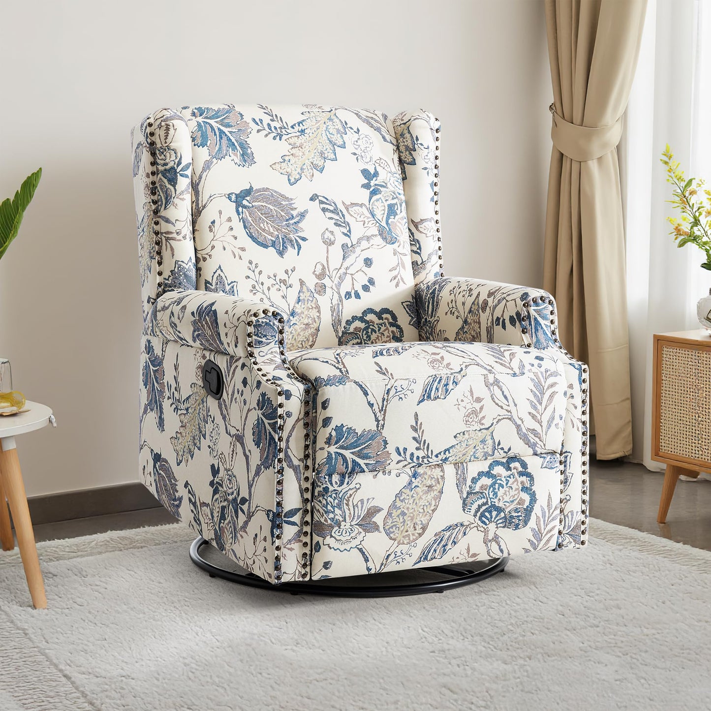 Swivel Rocker Recliner Chair, 360° Swivel Wingback Recliner Chairs for Adults, Upholstered Printed Fabric Glider Rocking Chair with High Back, Deep Seat for Living Romm Bedroom, Bird