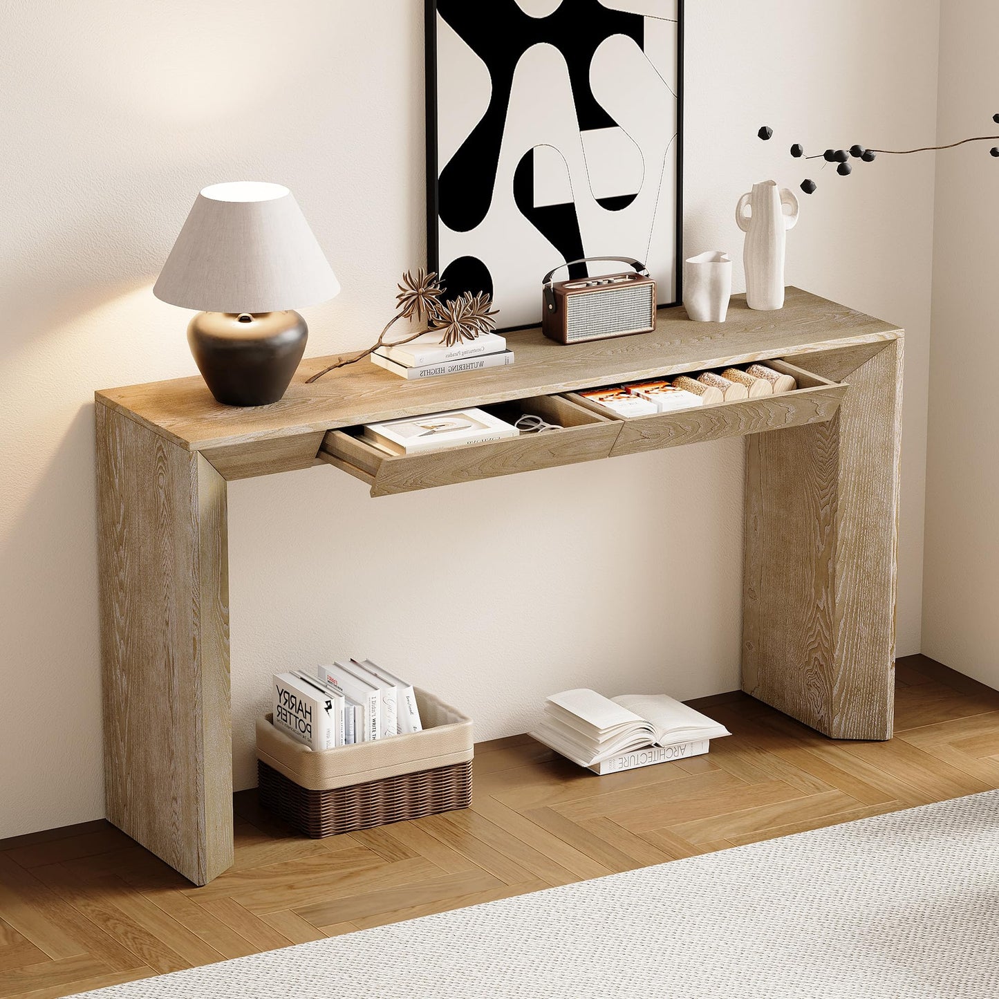 LKTART 60" Modern Farmhouse Console Table with 2 Drawers, Sofa Table Behind Sofa, Wooden Entryway Table for Living Room, Entryway & Foye,Black