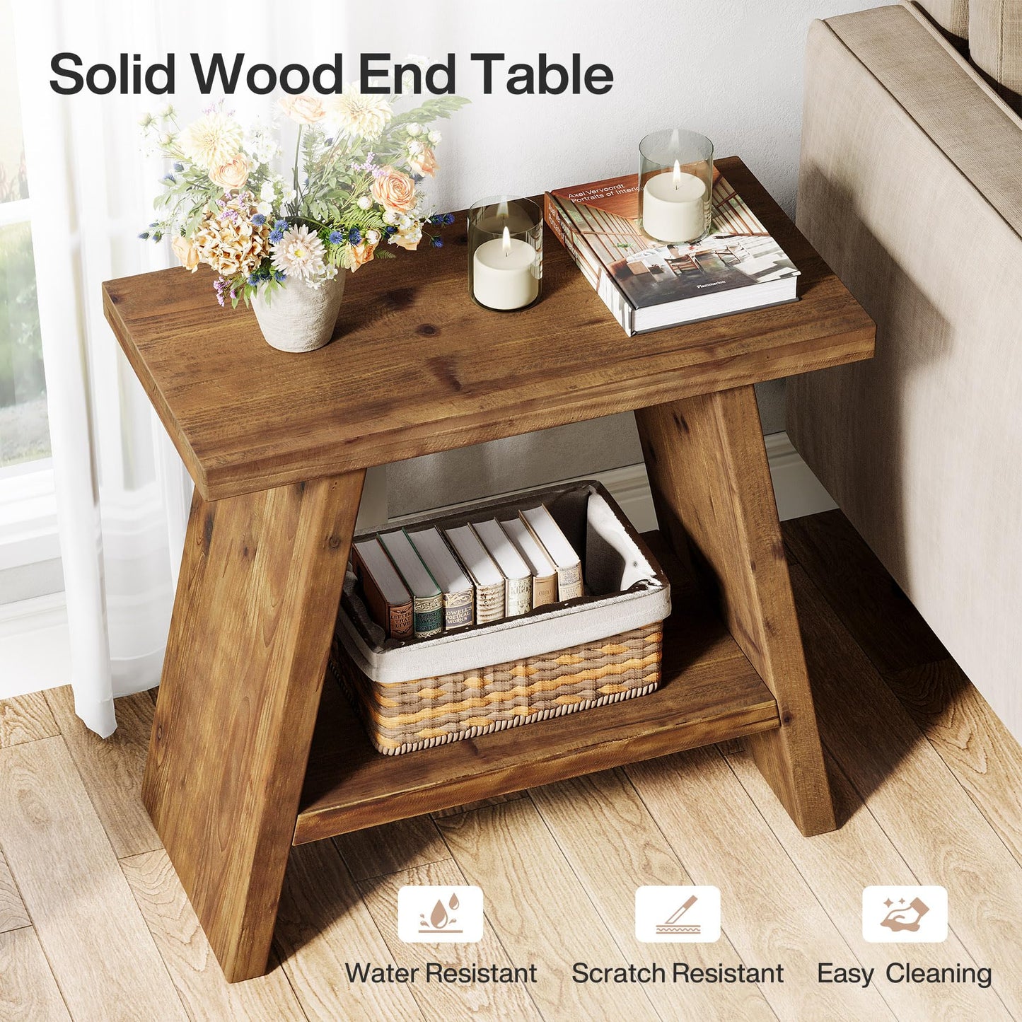 Solid Wood End Table for Living Room, Narrow Small Side Table with 2-Tier Storage, Farmhouse Bedside Nightstand for Bedroom, Small Places, Rustic Brown (1PCS)