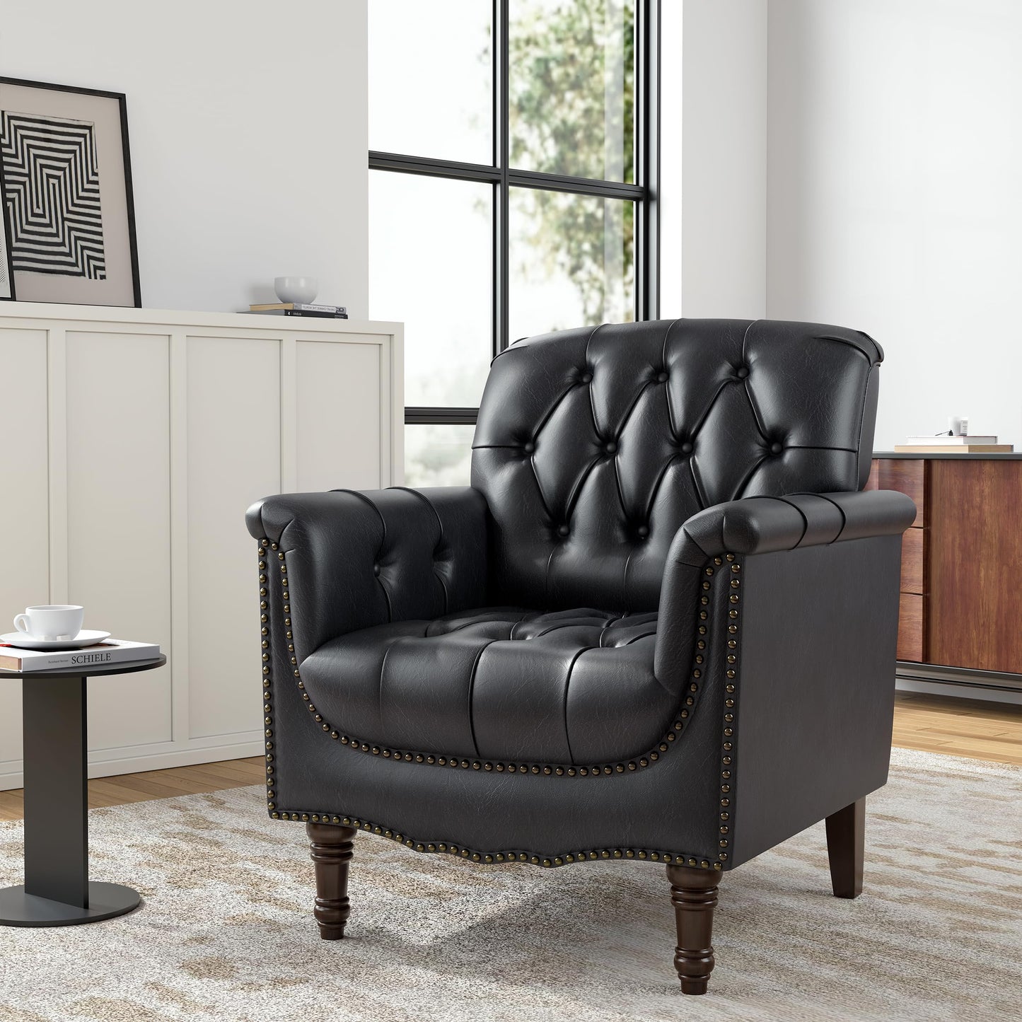 Faux Leather Club Chair, Retro Upholstered Armchair Accent Chair with Solid Wood Legs & Nailhead Trim for Living Room, Bedroom, Reading Room, Camel