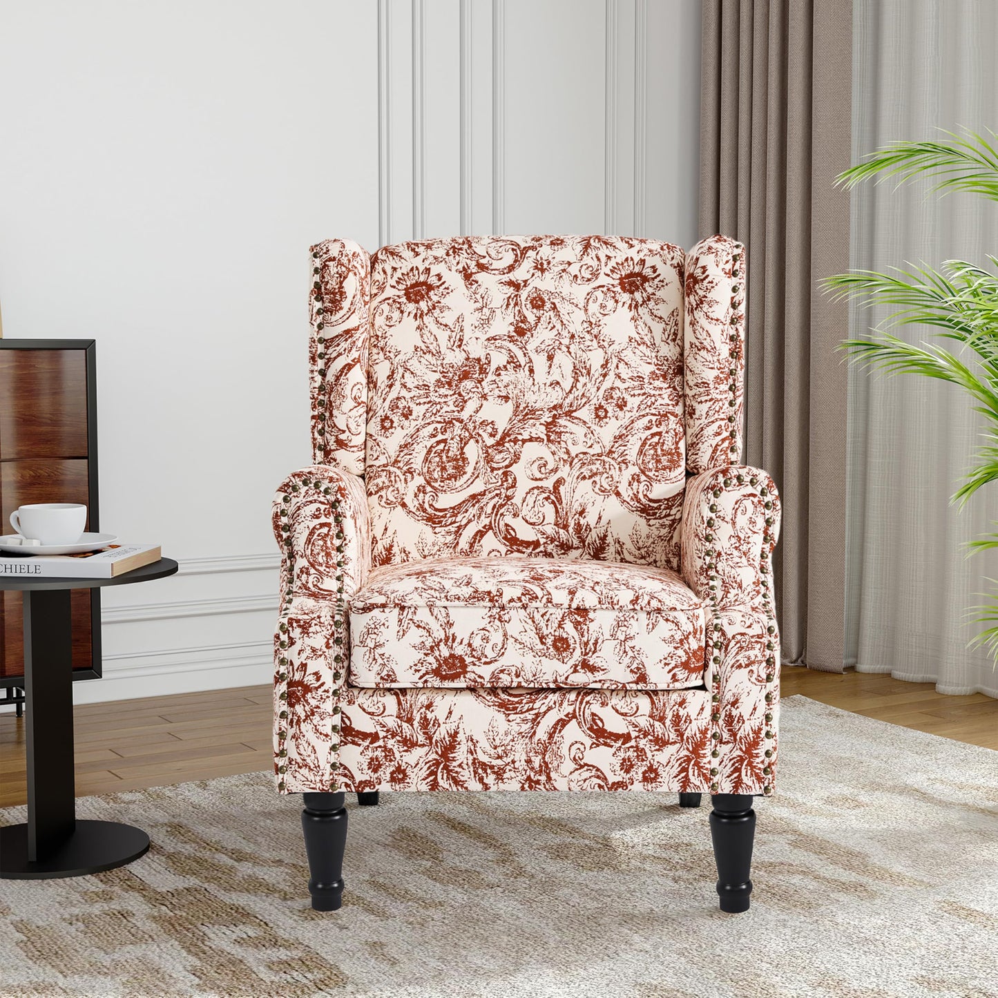 Floral Wingback Accent Chair, High Back Upholstered Armchair, Comfy Fabric Wingback Arms Chairs with Solid Wood Legs, Single Sofa Reading Chair for Bedroom Living Room, Beige