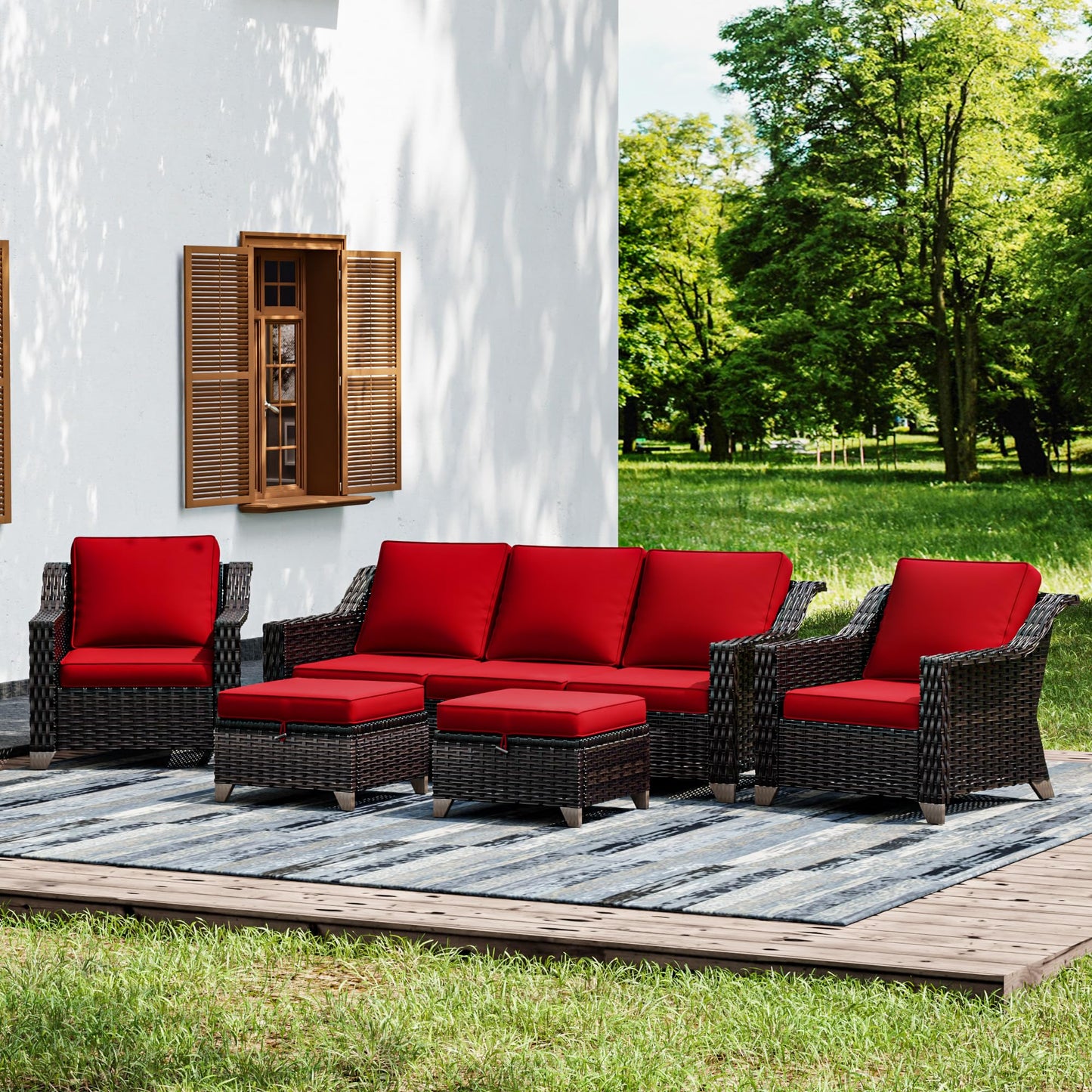 Joyside Patio Sofa - 3 Seater Rattan Sofa, All Weather High Back Sofa, Upgraded Large Size with 4inch Seat Cushions for Backyard, Garden, Poolside (Brown/Blue)