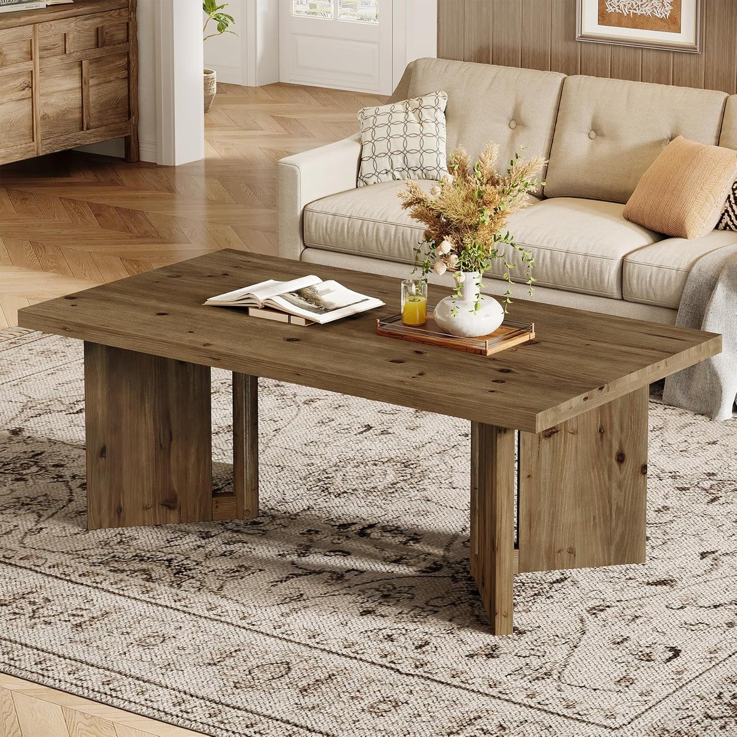Wood Coffee Table, 47-Inch Farmhouse Rectangle Center Table with Triangle Legs, Rustic Long Tea Table for Living Room, Brown