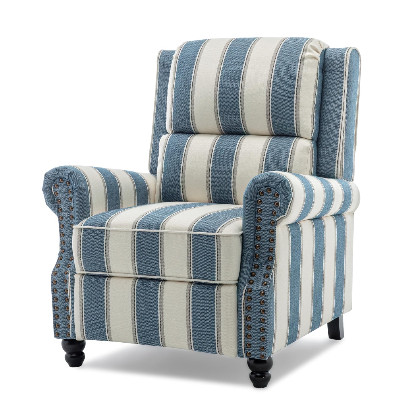 Pushback Recliner Chairs Set of 2, Comfy Fabric Wingback Recliner Chair, Upholstered Armchair Push Back Recliner with Wood Legs, Rivet Trim Accent Chair for Living Room, Bedroom, Blue Stripe