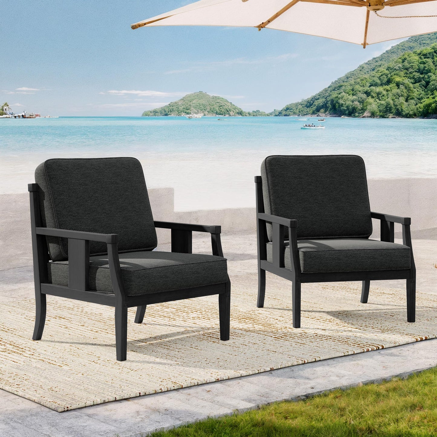 Outdoor Patio Armchairs Set of 2, All-Weather Solid Wood Patio Furniture Sets, Outdoor Sofa Chairs with Washable Thick Cushions for Porch, Balcony, Deck, Black Frame & Gray Cushion