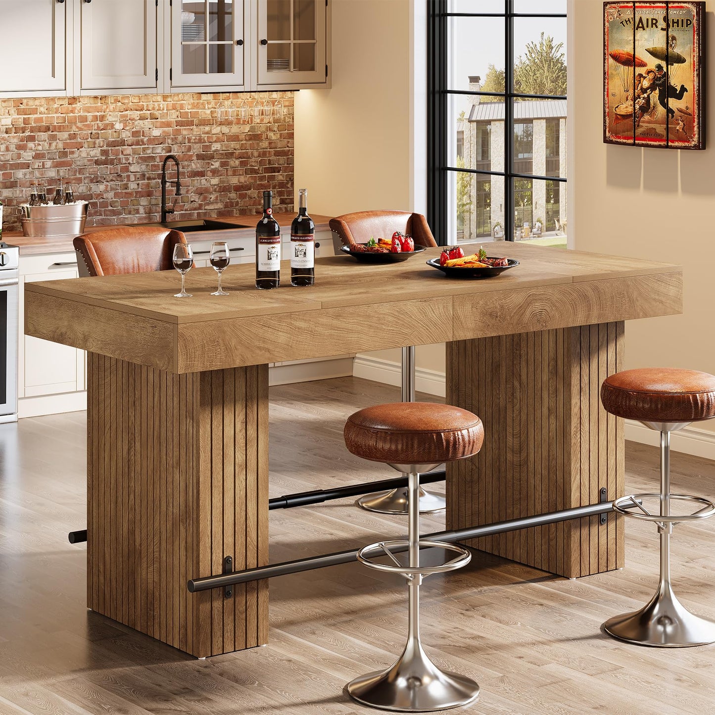 Tribesigns 62.2 Inch Bar Table, Industrial Counter Height Pub Dining Table, Rectangular Home Bar Units with Metal Footrest for Home Kitchen, Dining Room, Bistro, Brown and Dark Grey