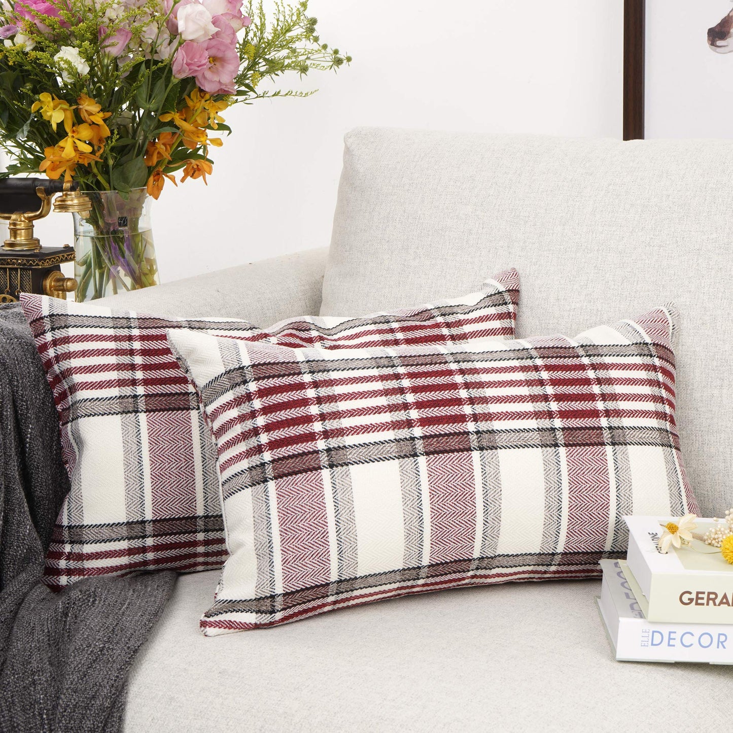 YOUR SMILE Retro Farmhouse Outdoor Buffalo Tartan Chequer Plaid Cotton Linen Decorative Throw Pillow Case Cushion Cover Pillowcase for Sofa 18 x 18 Inch, Set of 2, Khaki/Stripe