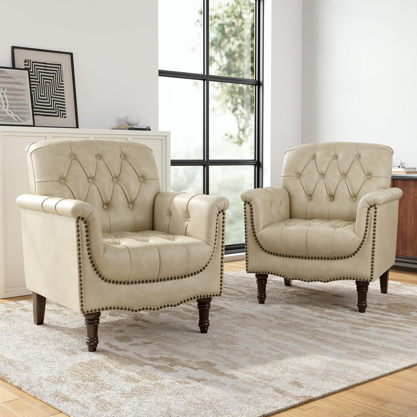 Faux Leather Club Chair, Retro Upholstered Armchair Accent Chair with Solid Wood Legs & Nailhead Trim for Living Room, Bedroom, Reading Room, Camel