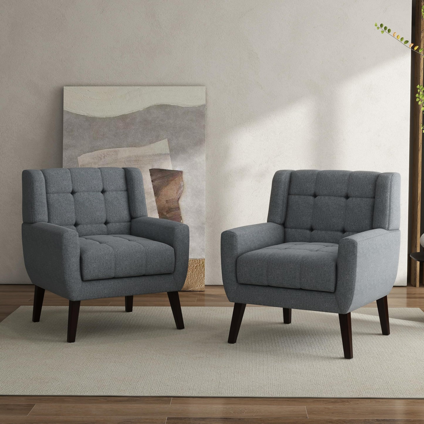 Faux Leather Accent Chairs Set of 2, Mid-Century Modern Upholstered Armchair, Comfy Living Room Chairs Reading Chairs with Button Tufted Back & Solid Wood Legs for Bedroom, Office, Black