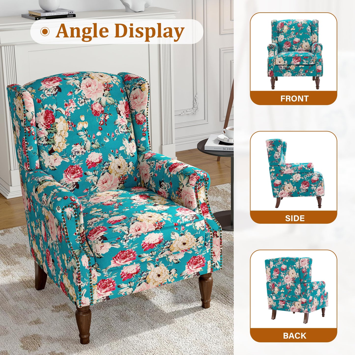 Floral Wingback Accent Chair, High Back Upholstered Armchair, Comfy Fabric Wingback Arms Chairs with Solid Wood Legs, Single Sofa Reading Chair for Bedroom Living Room, Beige