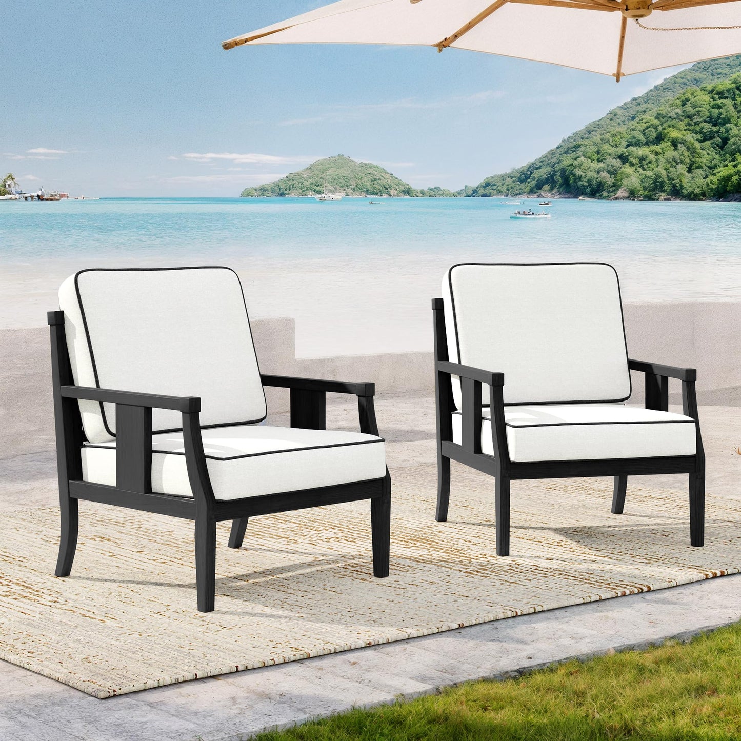 Outdoor Patio Armchairs Set of 2, All-Weather Solid Wood Patio Furniture Sets, Outdoor Sofa Chairs with Washable Thick Cushions for Porch, Balcony, Deck, Black Frame & Gray Cushion