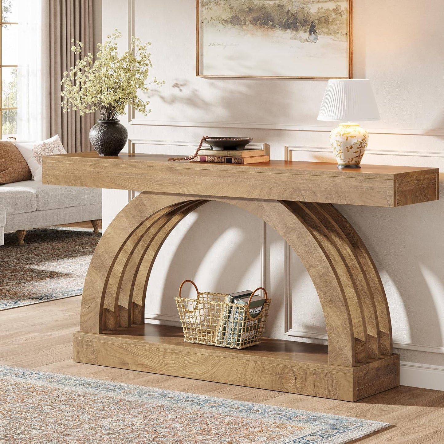 Tribesigns 63-Inch Entryway Table, 2-Tier Sofa Table Behind the Couch, Farmhouse Narrow Unique Arched Console for Hallway, Living Room, Foyer