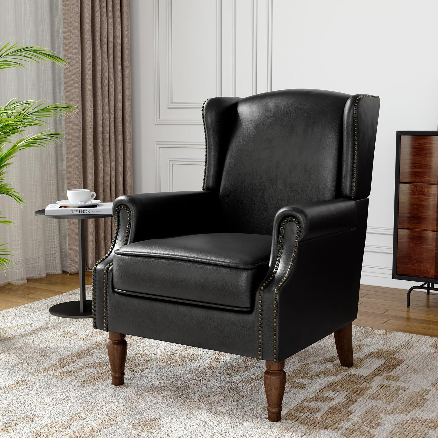 Floral Wingback Accent Chair, High Back Upholstered Armchair, Comfy Fabric Wingback Arms Chairs with Solid Wood Legs, Single Sofa Reading Chair for Bedroom Living Room, Beige