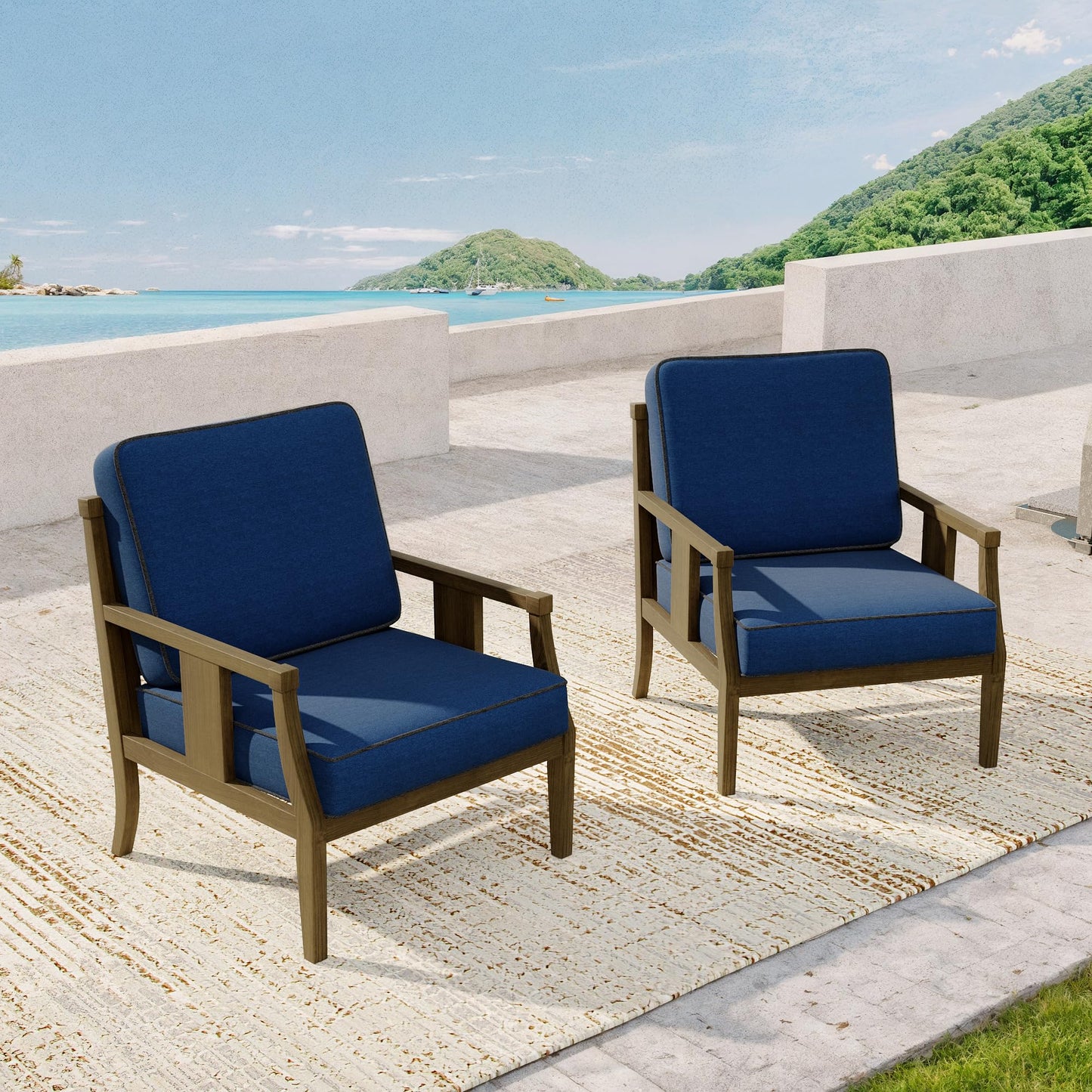 Outdoor Patio Armchairs Set of 2, All-Weather Solid Wood Patio Furniture Sets, Outdoor Sofa Chairs with Washable Thick Cushions for Porch, Balcony, Deck, Black Frame & Gray Cushion