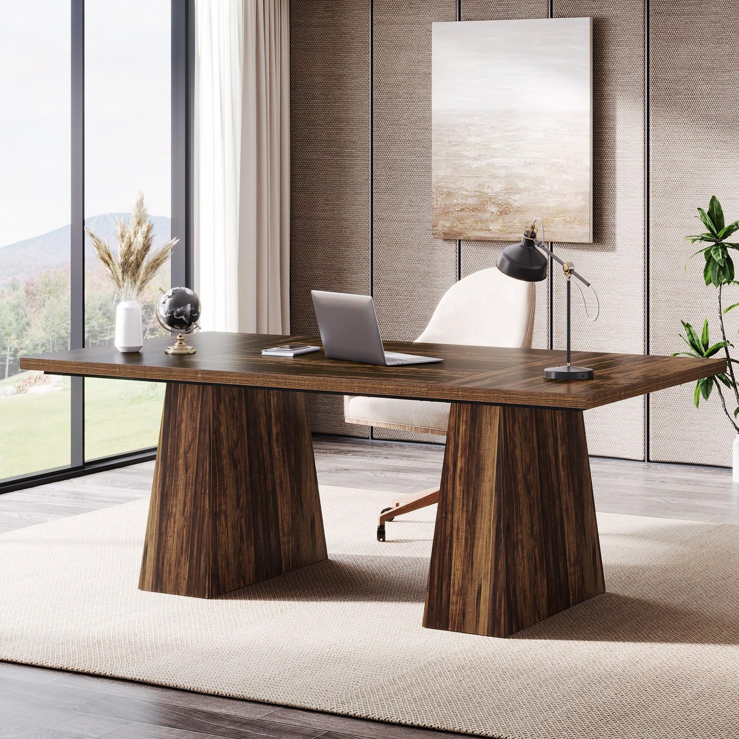 Tribesigns 63-Inch Executive Desk, Large Office Computer Desk with Double Pedestal, Modern Simple Workstations Writing Table Conference Table Business Furniture for Home Office, Light Brown