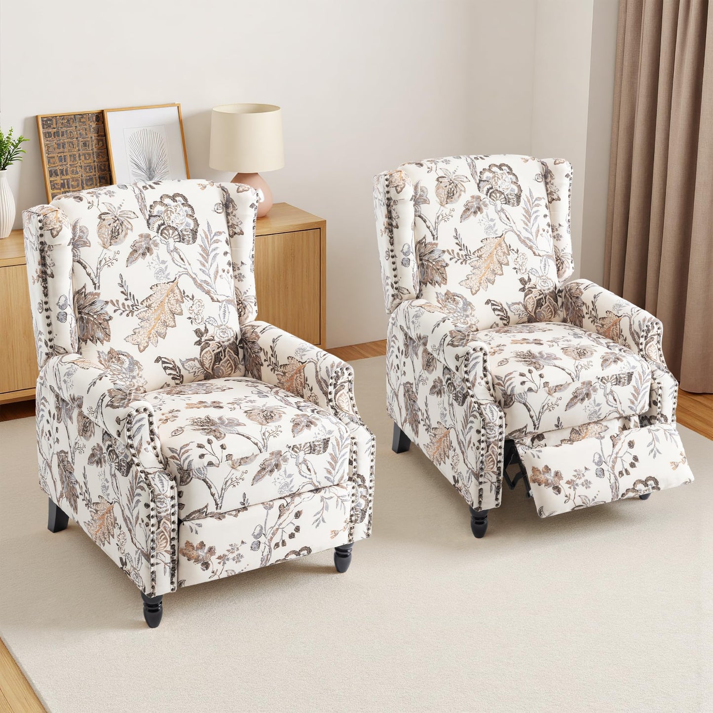 Pushback Recliner Chair, Printed Fabric Wingback Recliner Chair for Living Room, Upholstered Armchair Push Back Recliner with Wood Legs, Rivet Trim Wingback Accent Chair for Bedroom, Navy