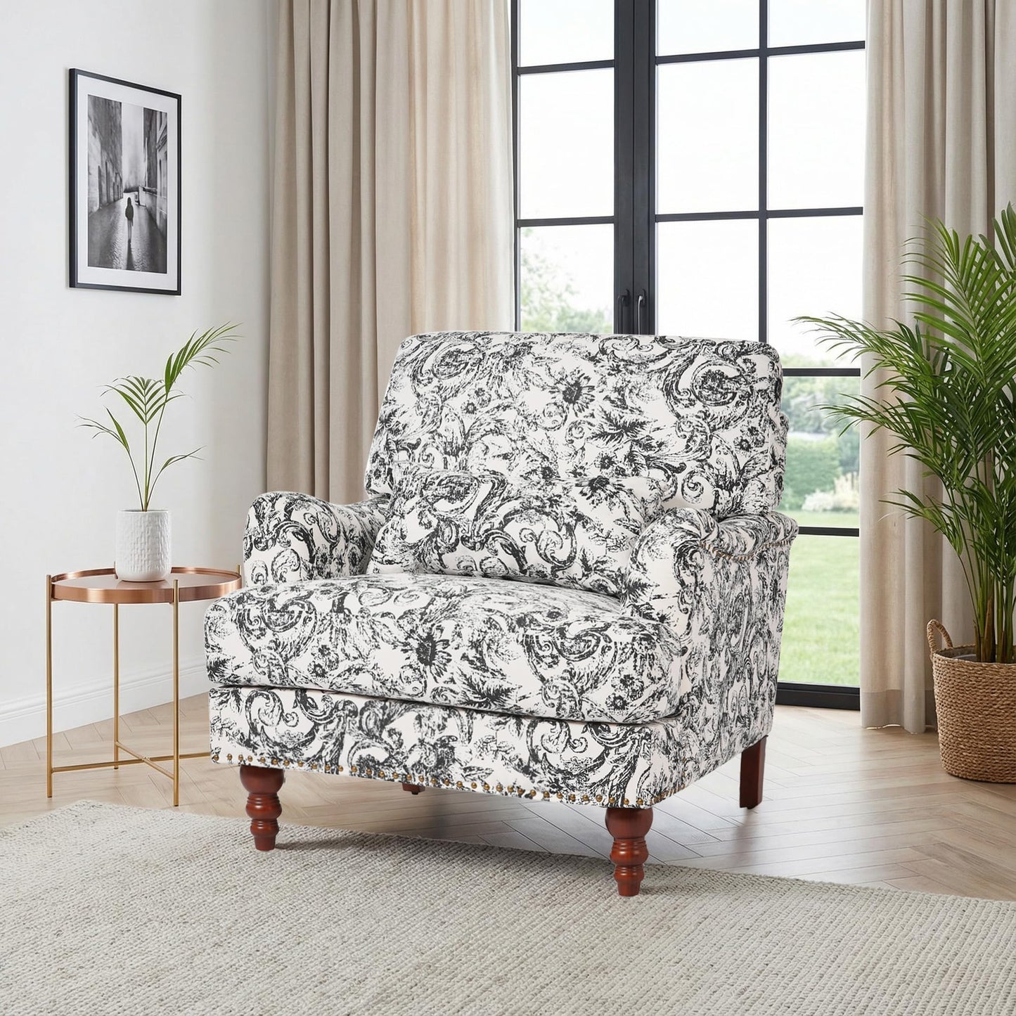 Accent Chair for Living Room, Upholstered Armchair with Nailhead Trim & Solid Wood Legs, Mid Century Modern Club Chair for Bedroom/Reading Room, Rococo Green