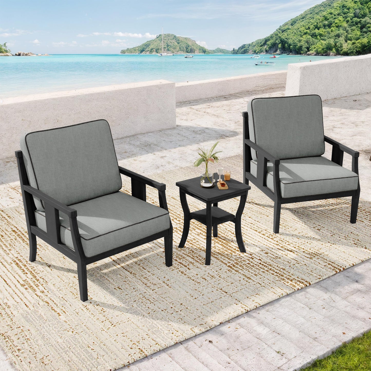 Outdoor Patio Armchairs Set of 2, All-Weather Solid Wood Patio Furniture Sets, Outdoor Sofa Chairs with Washable Thick Cushions for Porch, Balcony, Deck, Black Frame & Gray Cushion