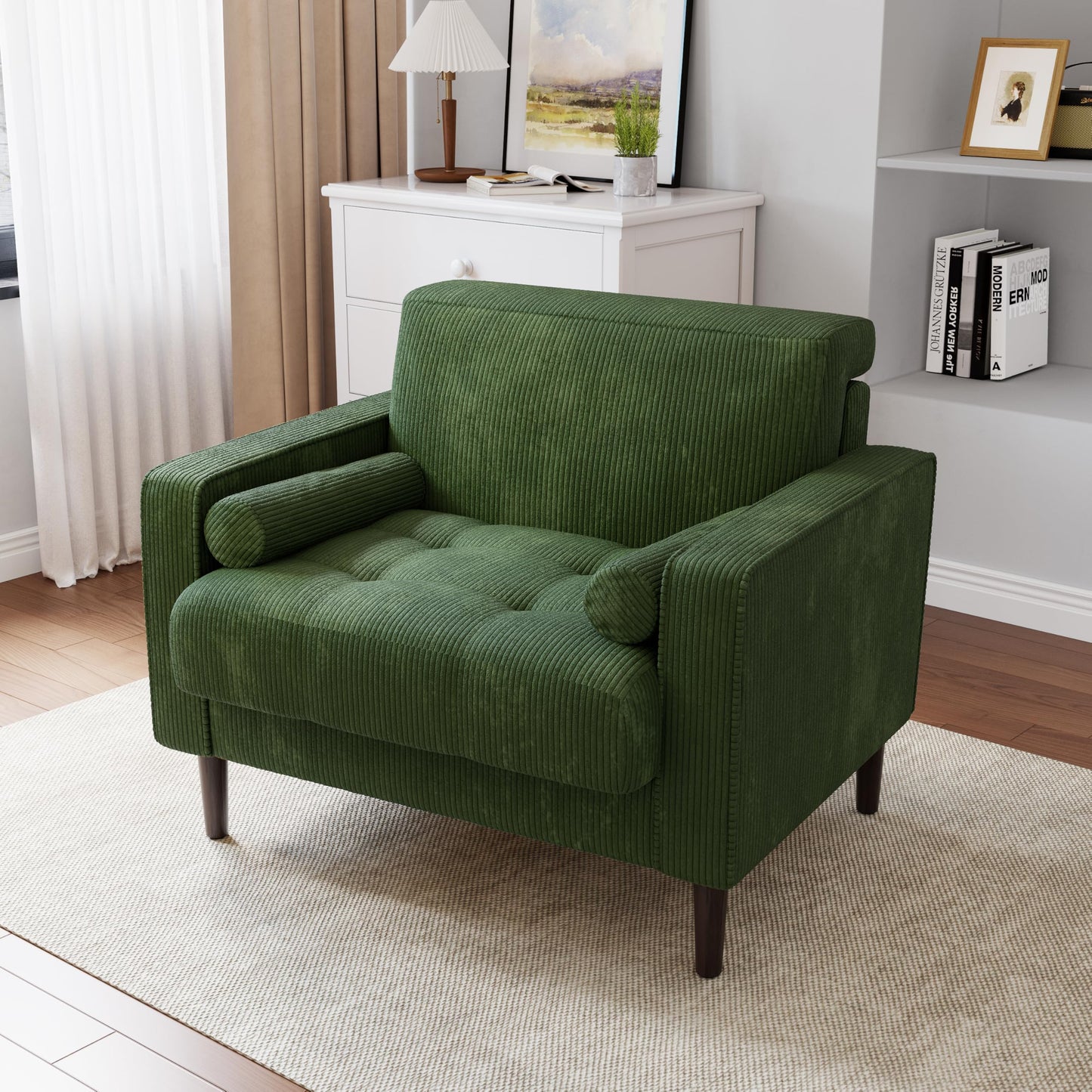 34.5" Arm Chair, Corduroy Fabric Modern Accent Chair, Comfy Upholstered Armchair Reading Chair with Solid Wood Legs for Living Room Bedroom Office, Yellow