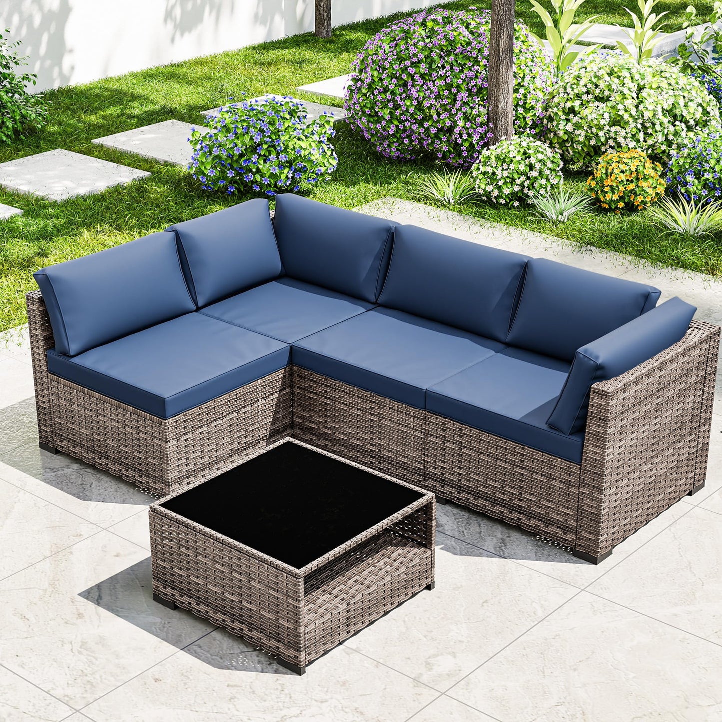 Joyside 5-Piece Patio Furniture Set, Rattan Outdoor Sectional Wicker Patio Conversation Set with Cushions and Coffee Table