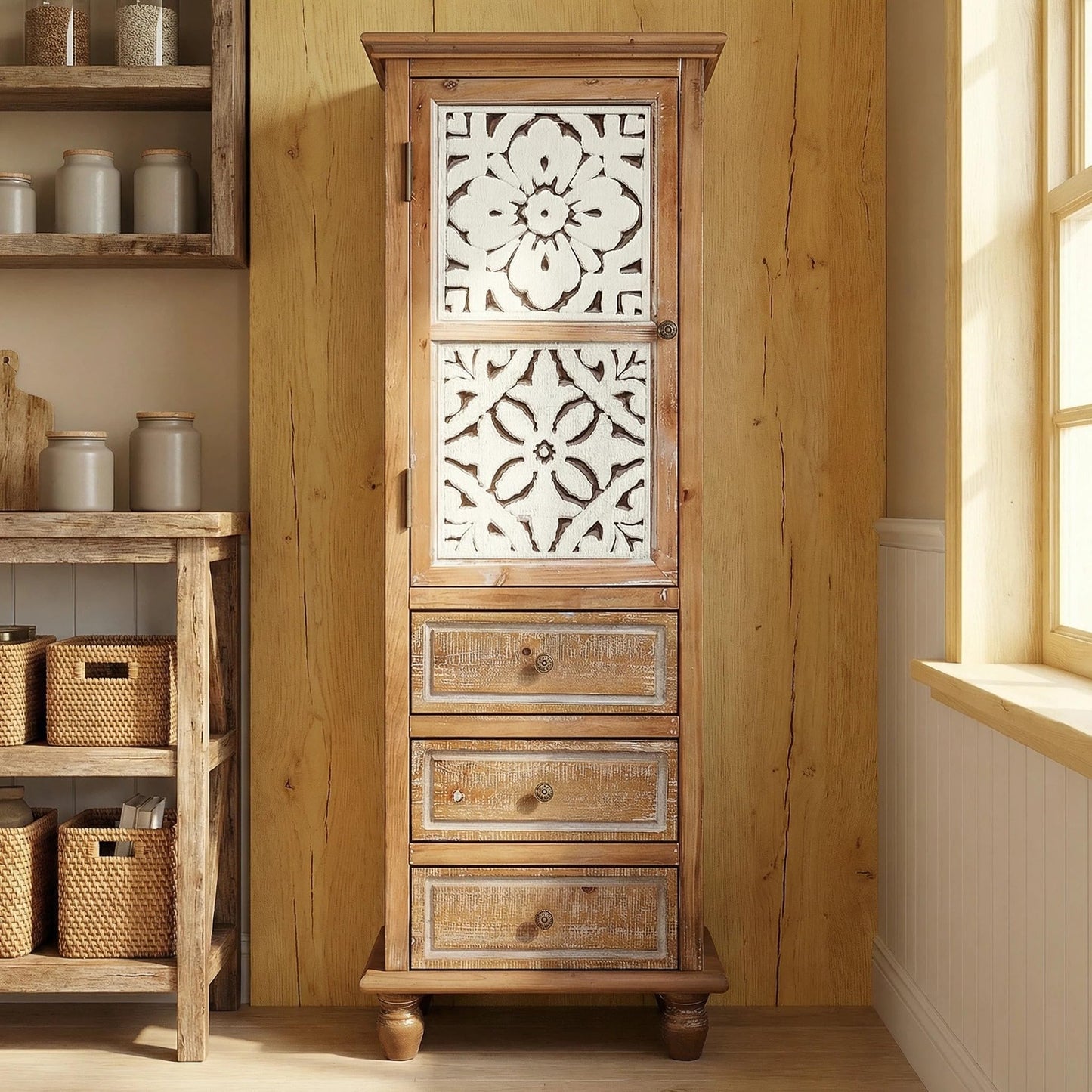 LKTART KTART 55'' Tall Kitchen Pantry Cupboard Storage Cabinet with Shelves & Drawer,French Country Accent Cabinet with Embossed Floral Metal Doors and Solid Wood Frame,Natural Wood