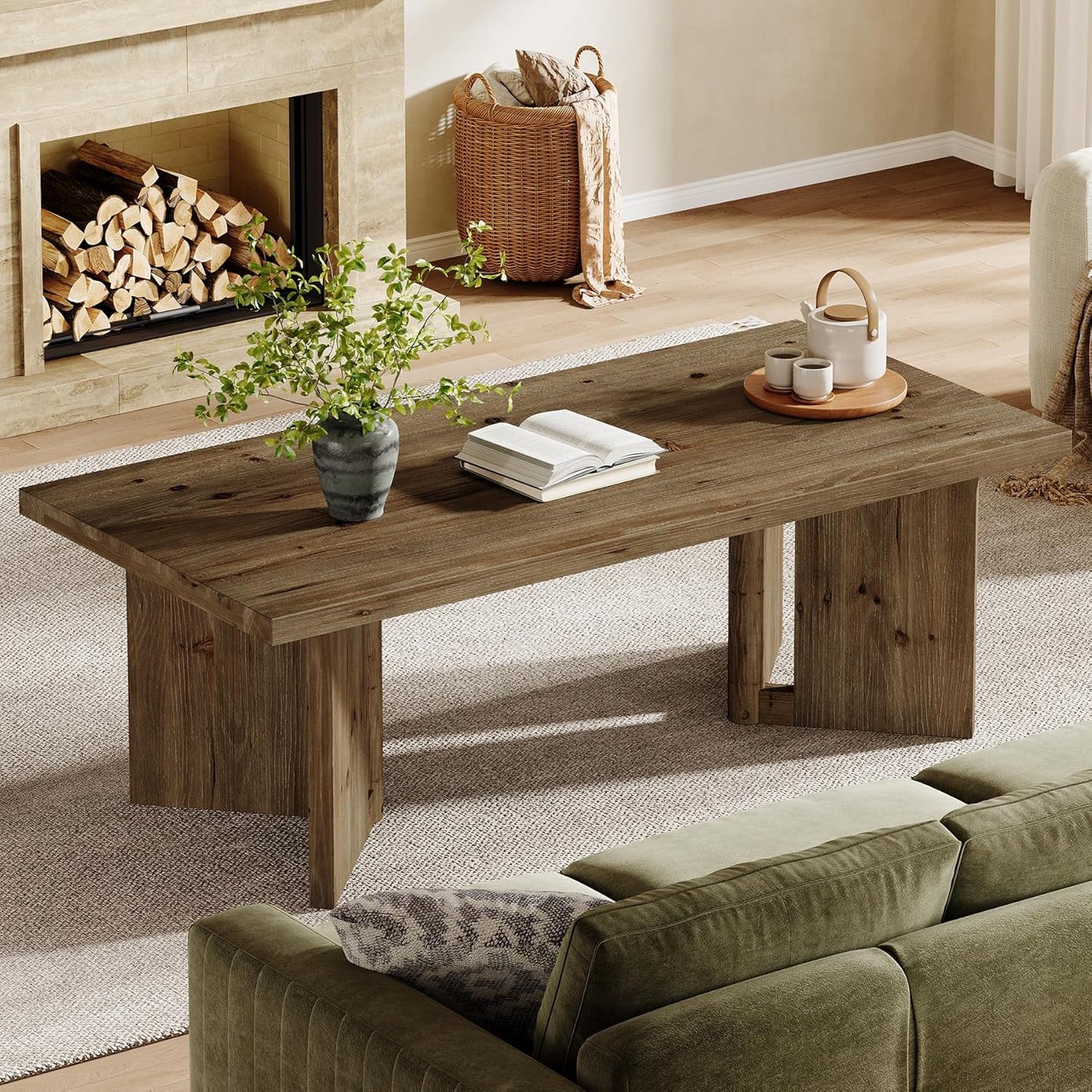 Wood Coffee Table, 47-Inch Farmhouse Rectangle Center Table with Triangle Legs, Rustic Long Tea Table for Living Room, Brown
