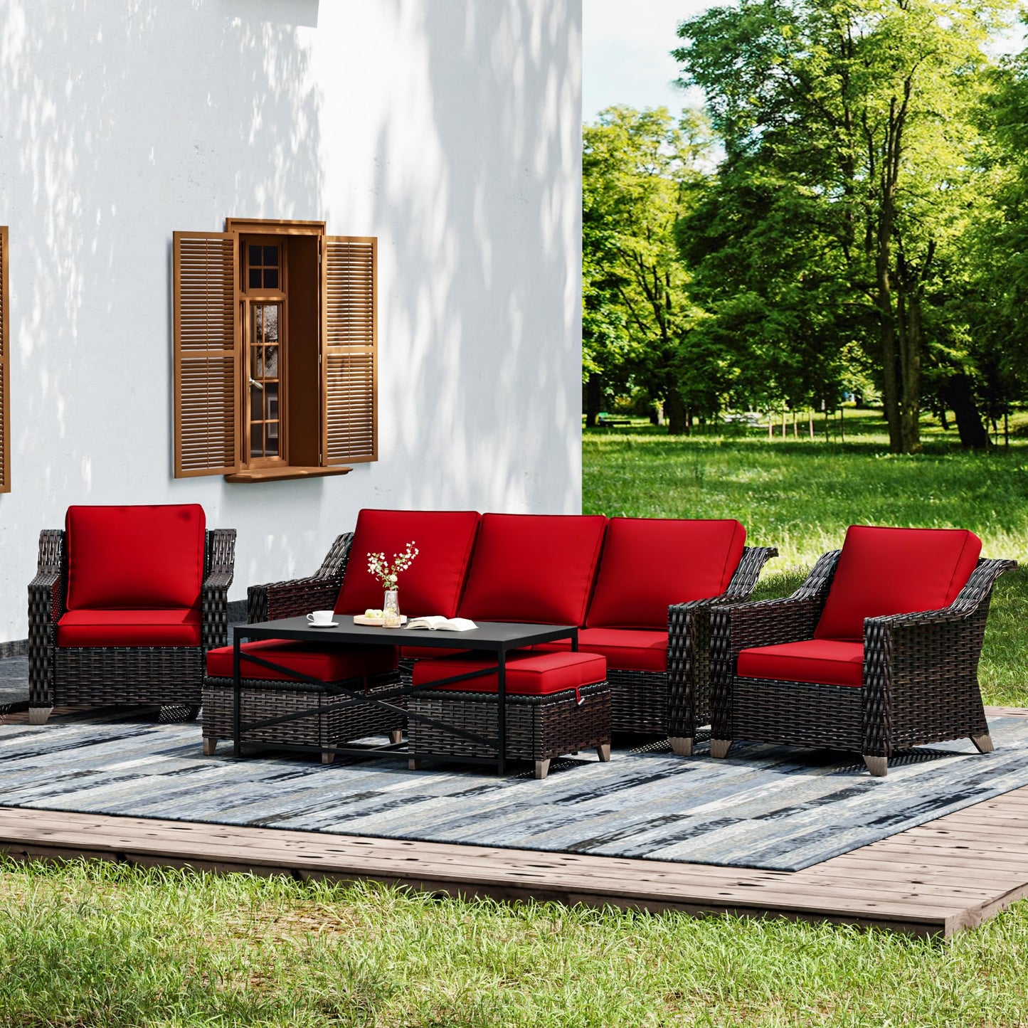 Joyside Patio Sofa - 3 Seater Rattan Sofa, All Weather High Back Sofa, Upgraded Large Size with 4inch Seat Cushions for Backyard, Garden, Poolside (Brown/Blue)