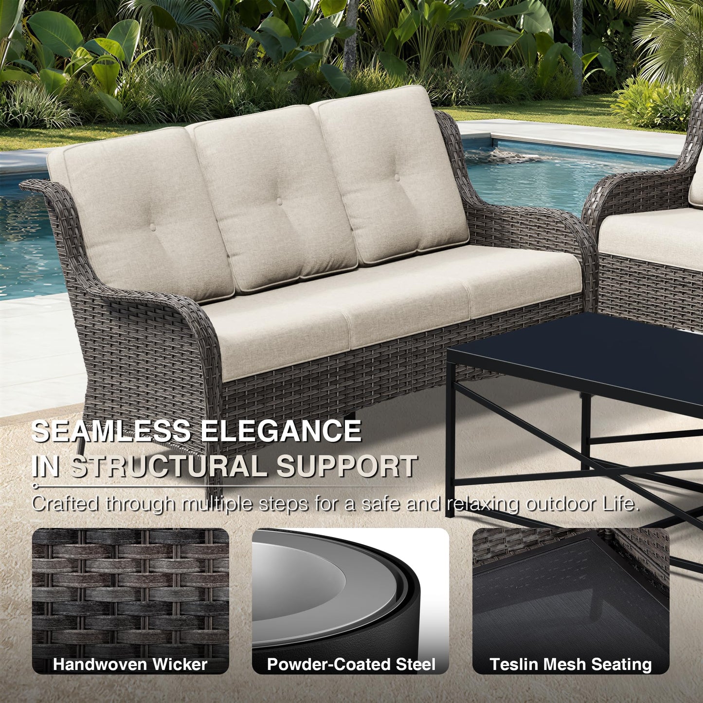 Joyside Outdoor Patio Couch, 3 Seater Outdoor Wicker Sofa with High Back, Deep Seating, Wide Armrest, Thickened Cushions, Patio Sofa for Deck, Porch Use