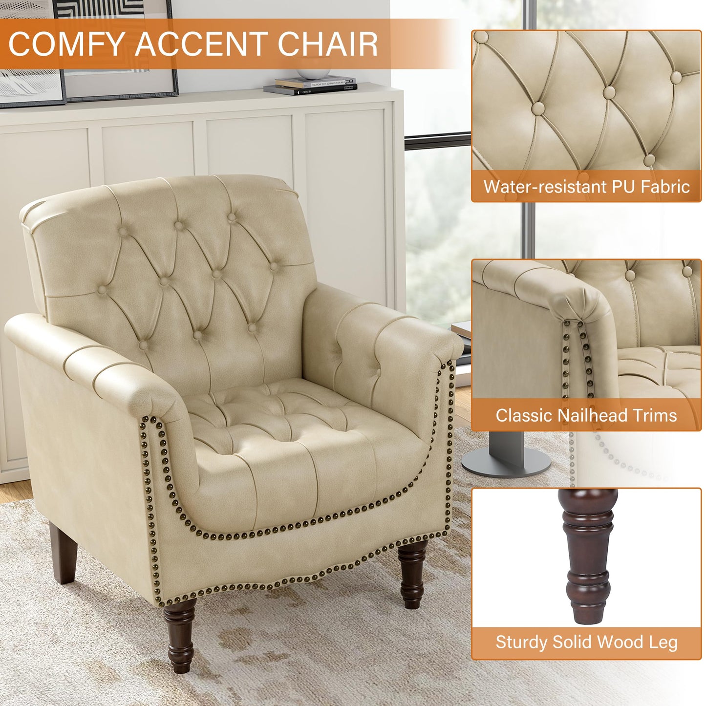 Faux Leather Club Chair, Retro Upholstered Armchair Accent Chair with Solid Wood Legs & Nailhead Trim for Living Room, Bedroom, Reading Room, Camel