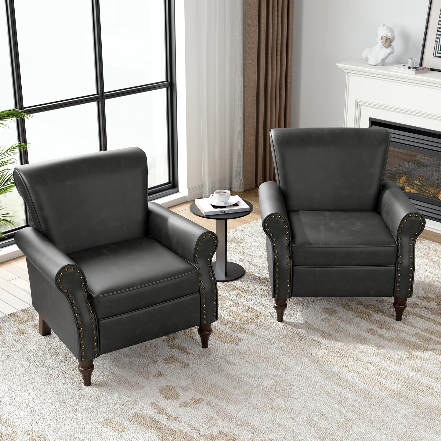 Wingback Accent Chairs Set of 2, Mid-Century Modern Upholstered Armchair Living Room Chair with Nailhead Trim & Rolled Armrest, Comfy Lounge Chair Single Sofa Chair for Bedroom, Light Blue