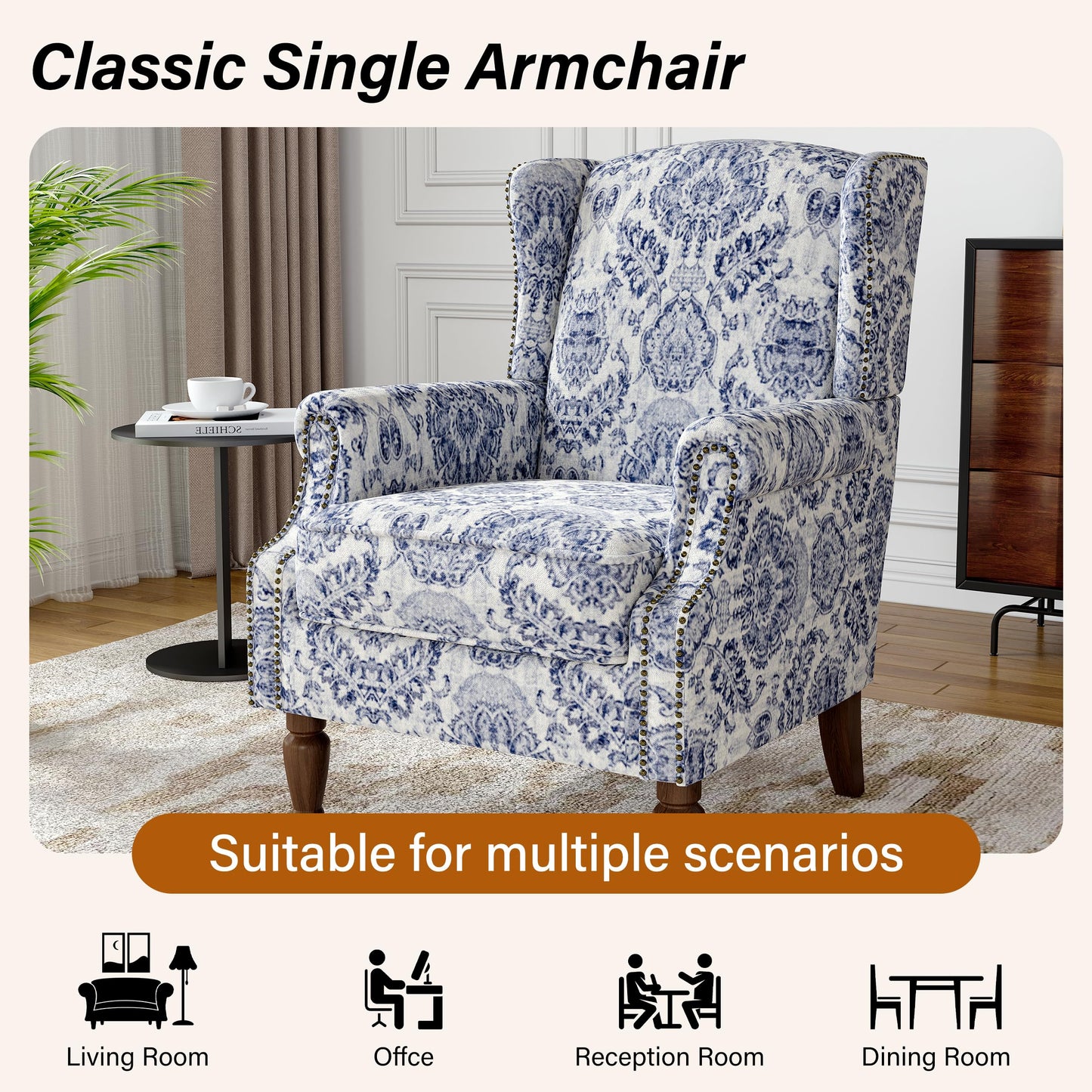 Floral Wingback Accent Chair, High Back Upholstered Armchair, Comfy Fabric Wingback Arms Chairs with Solid Wood Legs, Single Sofa Reading Chair for Bedroom Living Room, Beige