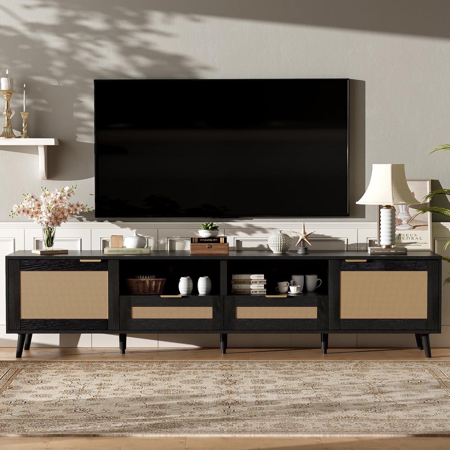 LKTART 67" Mid Century Modern TV Stand for 65/70/75/80" TVs,Entertainment Center with Sliding Doors and Drawers,Media Console for Living Room