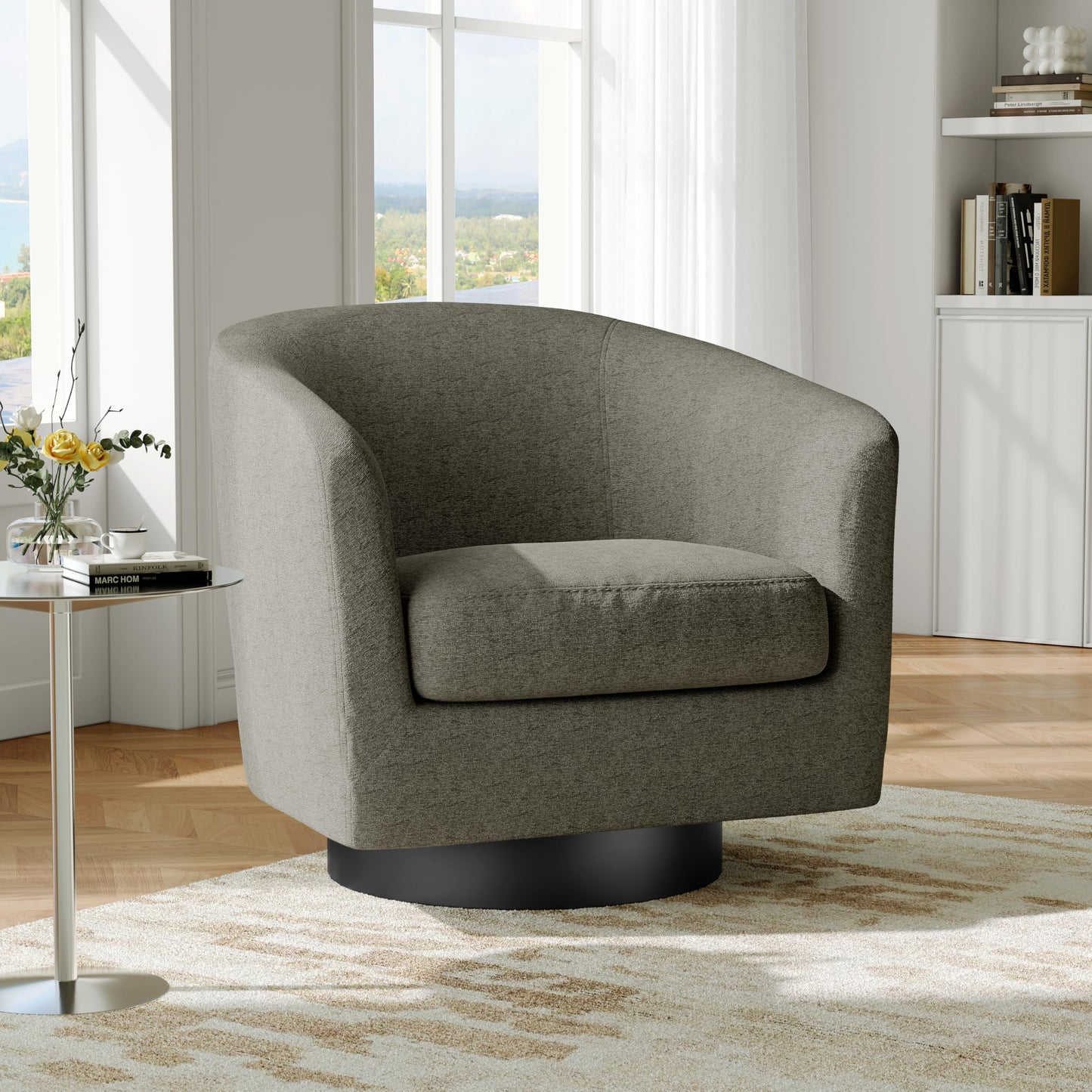 Swivel Barrel Accent Chairs Set of 2, Modern 360° Swivel Round Barrel Chair with Curve Back, Upholstered Velvet Fabric Armchair Single Sofa Club Chair for Living Room, Bedroom, Coffee