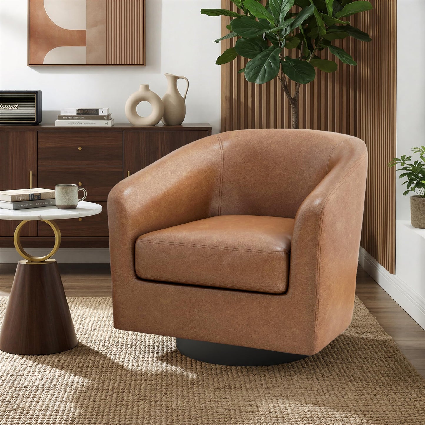 Swivel Barrel Chairs Set of 2, 31" W Modern Faux Leather Round Swivel Accent Chair for Living Room, 360° Rotation Upholstered Armchair Club Chair for Bedroom, Reading Room, Office (Brown)