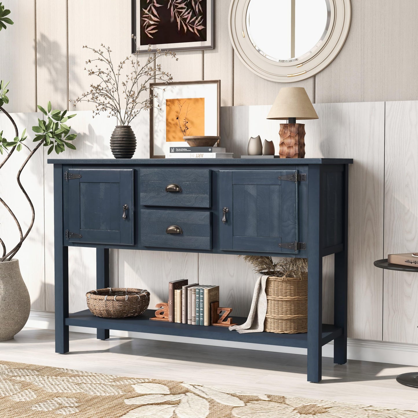 LKTART Farmhouse Sideboard Buffet Cabinet,Solid Wood Sideboard with Storage Drawers and Bottom Shelf,Coffee Bar for Entryway Hallway Foyer,Easy Assembled (46.5" Brown