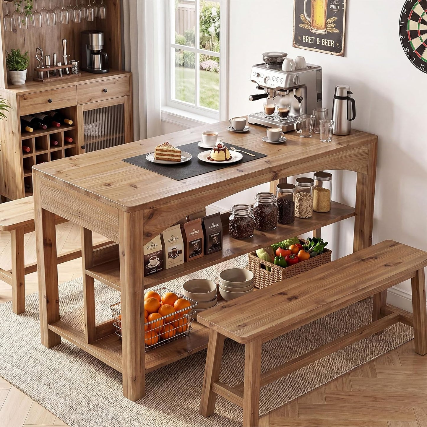 TRIBEWOOOD 59 Inches Kitchen Island with Storage, 3-Tier Solid Wood Stationary Island Table with Open Shelves, Large Prep Table for Kitchen Dining Room, Rustic Brown