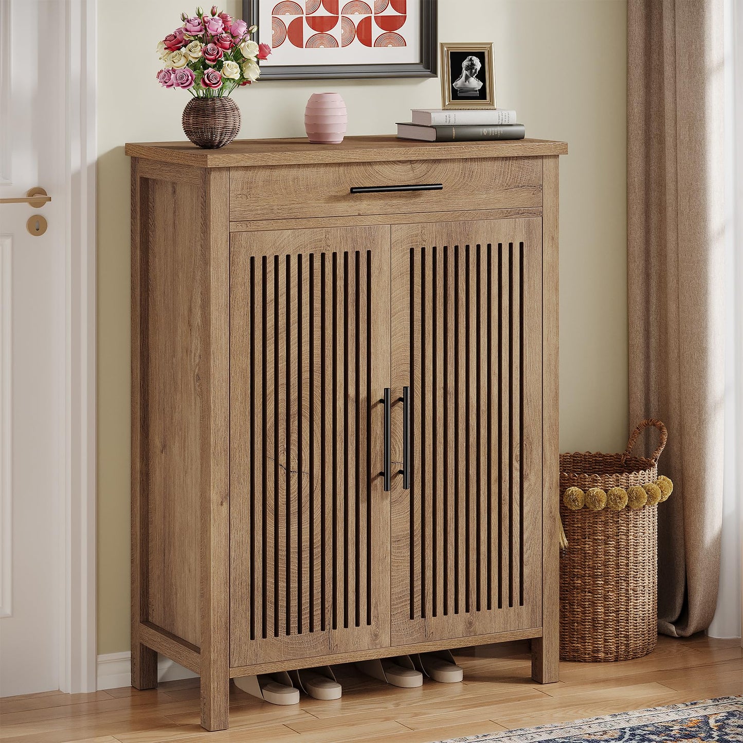 Tribesigns Shoe Cabinet, 5-Tier Shoe Storage Cabinet with Louvered Doors and Drawer, Freestanding Wooden Shoe Rack Organizer with Adjustable Shelves for Entryway, Hallway, Closet, Brown