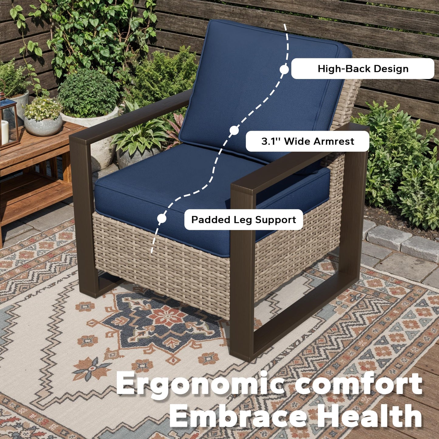 Joyside Outdoor Patio Swivel Rocker Chairs, 3 Pieces Wicker Furniture Set, 2 Swivel Rocking Chairs and 1 Table, Metal Wide Armrest, Thick Cushions and Deep Seating for Garden, Backyard, Porch, Deck