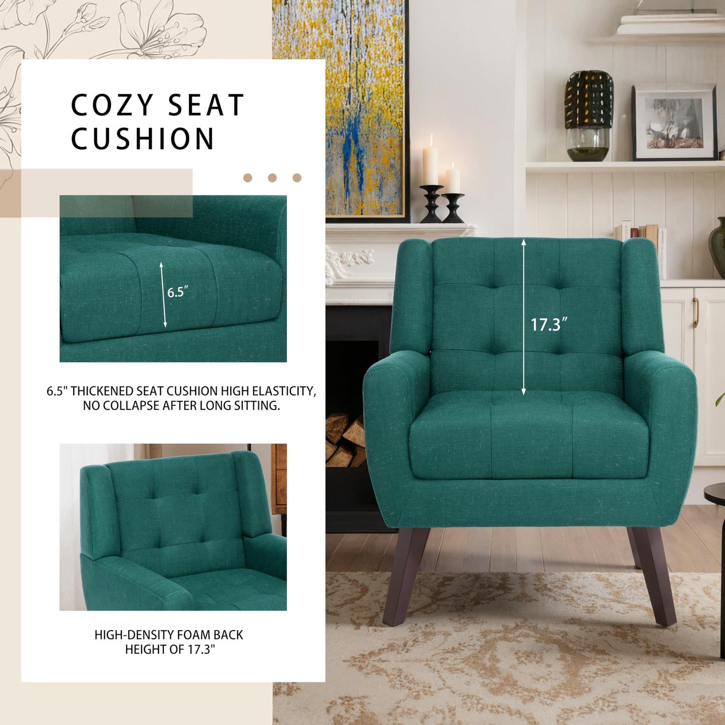 Faux Leather Accent Chairs Set of 2, Mid-Century Modern Upholstered Armchair, Comfy Living Room Chairs Reading Chairs with Button Tufted Back & Solid Wood Legs for Bedroom, Office, Black